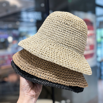 手工水桶草帽子女日系编织百搭盆帽夏遮阳防晒渔夫帽可折叠太阳帽