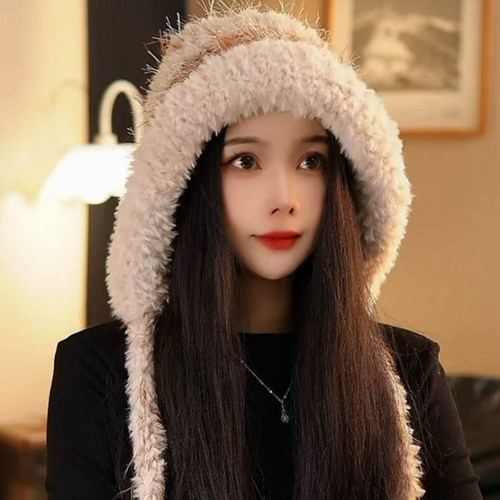 冬季毛绒条纹绑带针织雷锋帽子女