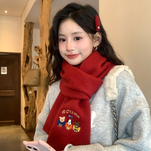 学生百搭2025新款本命年新年红色毛线围巾女冬季保暖可爱针织围脖