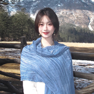 蓝色文艺棉麻围巾女薄款春夏季西北旅游长丝巾披肩外搭氛围感穿搭