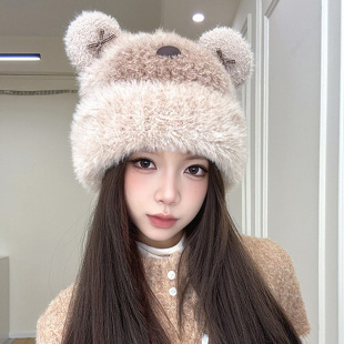 日系甜美可爱小熊毛绒帽子女冬季加厚保暖护耳帽显脸小百搭针织帽