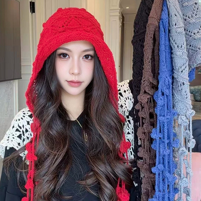 手工钩织红色流苏保暖针织帽女