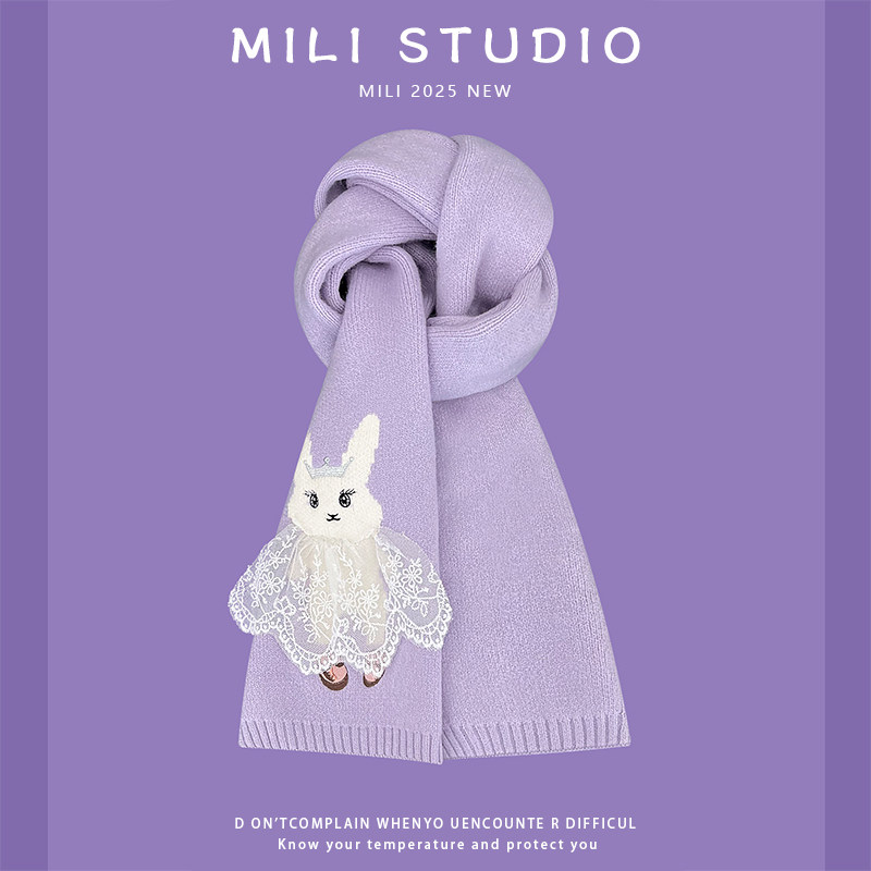 韩版ins可爱蕾丝小兔子针织毛线围巾女冬季百搭保暖软糯护颈围脖