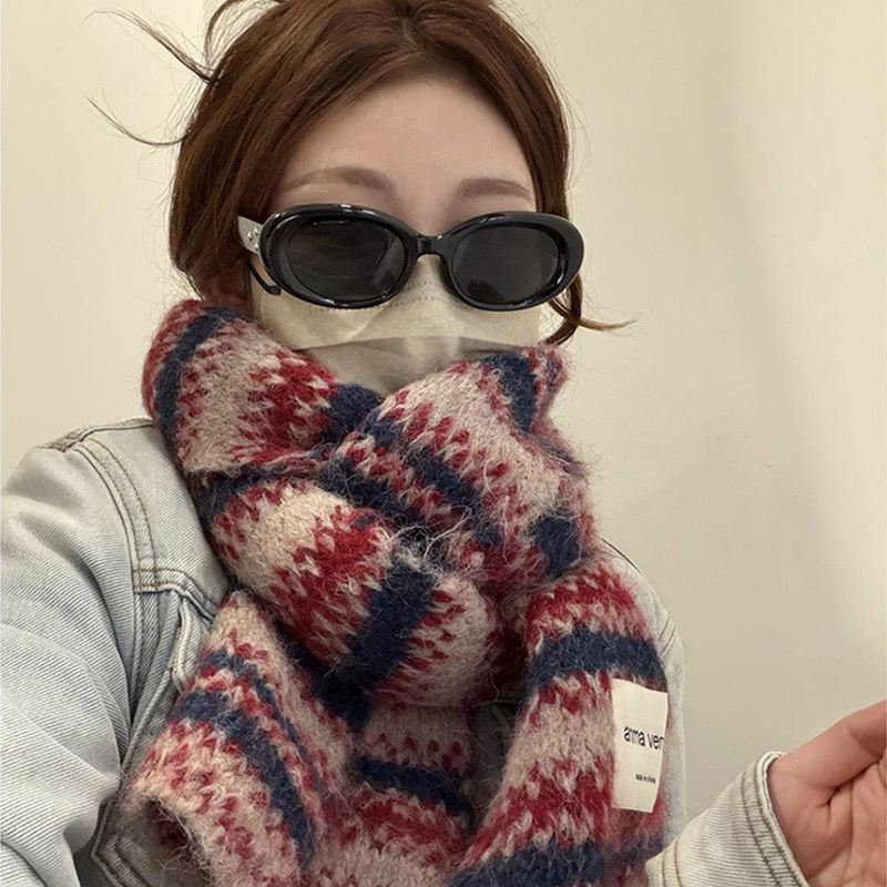 含羊毛韩系氛围感针织围巾女秋冬加绒软糯条纹防寒保暖情侣围脖男