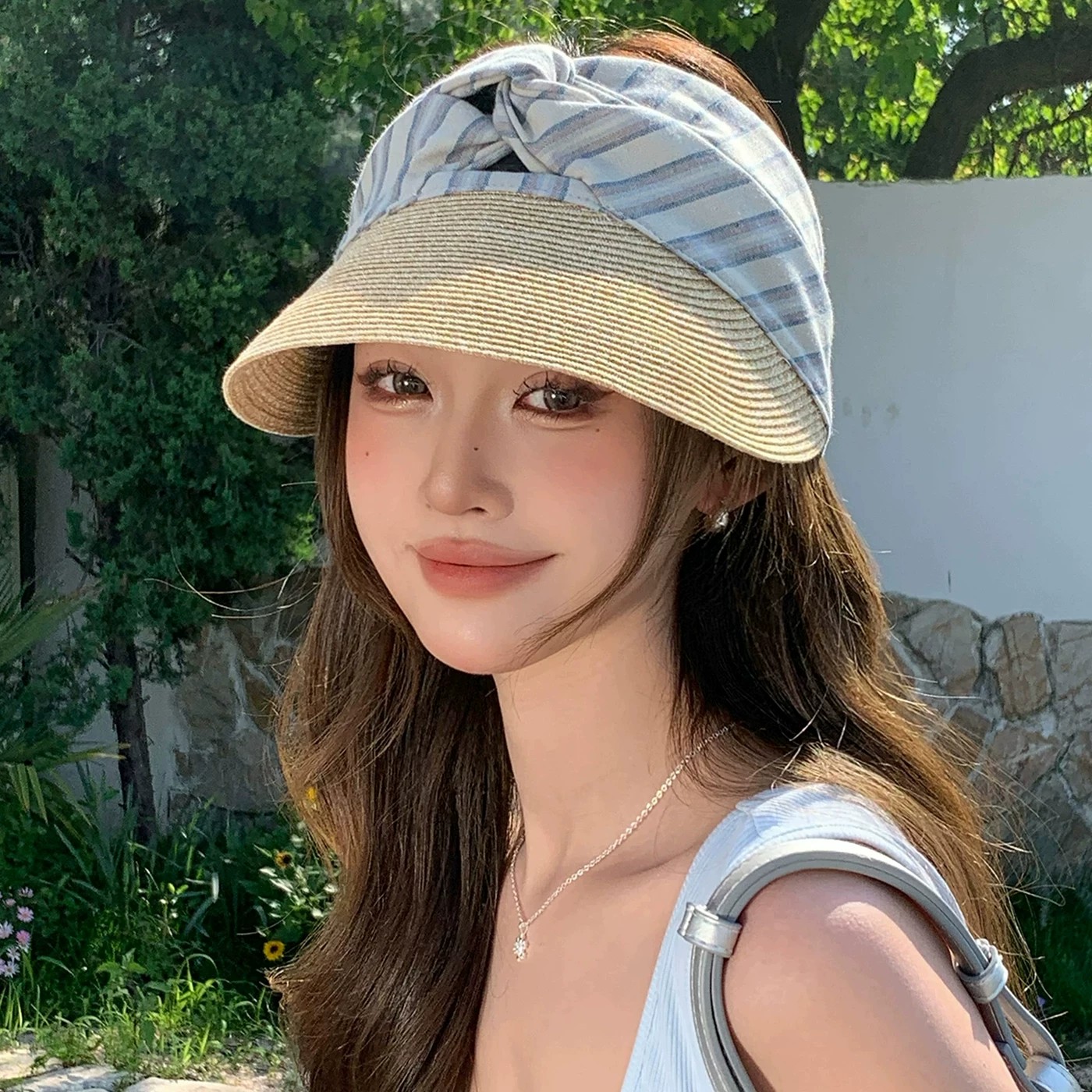 日系条纹空顶帽女款夏季遮阳防晒帽百搭显脸小帽子户外透气太阳帽