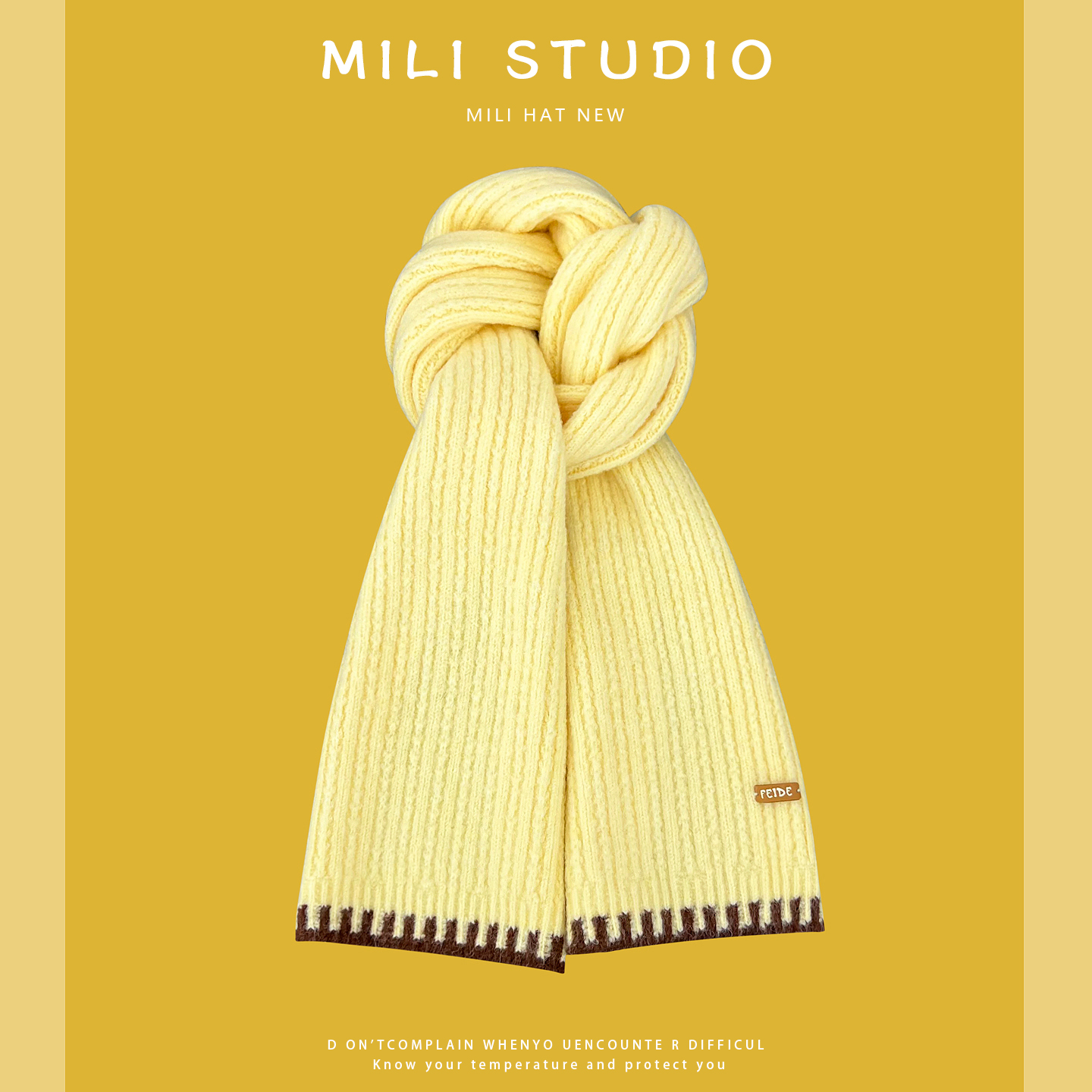 奶黄色锁边撞色针织围巾女秋冬季