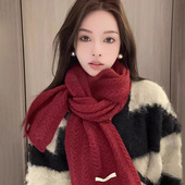 2025冬含羊毛安格拉红针织围巾女高级感加厚保暖防寒骑车围脖披肩