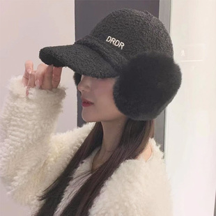 大头围羊羔毛棒球帽子女秋冬可扎马尾宽檐鸭舌帽骑车保暖护耳防寒