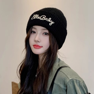 法式黑色字母毛线帽子女2025冬季防寒保暖针织帽显脸小冷帽大头围