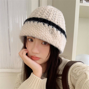 高级感撞色针织渔夫帽子女秋冬复古显脸小保暖毛线帽时尚百搭盆帽