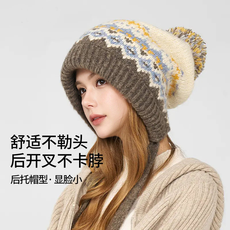 冬季复古费尔岛毛球护耳针织帽女