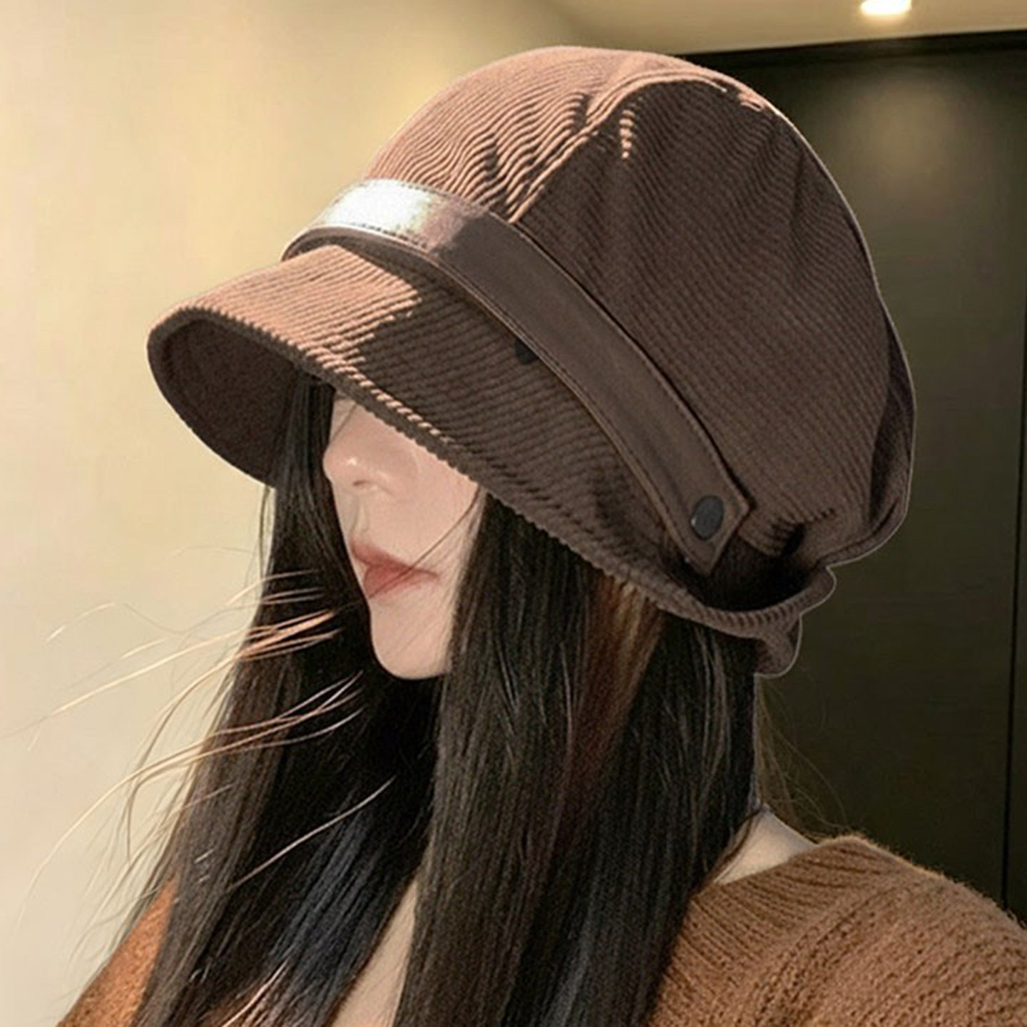 美拉德灯芯绒渔夫帽女显脸小