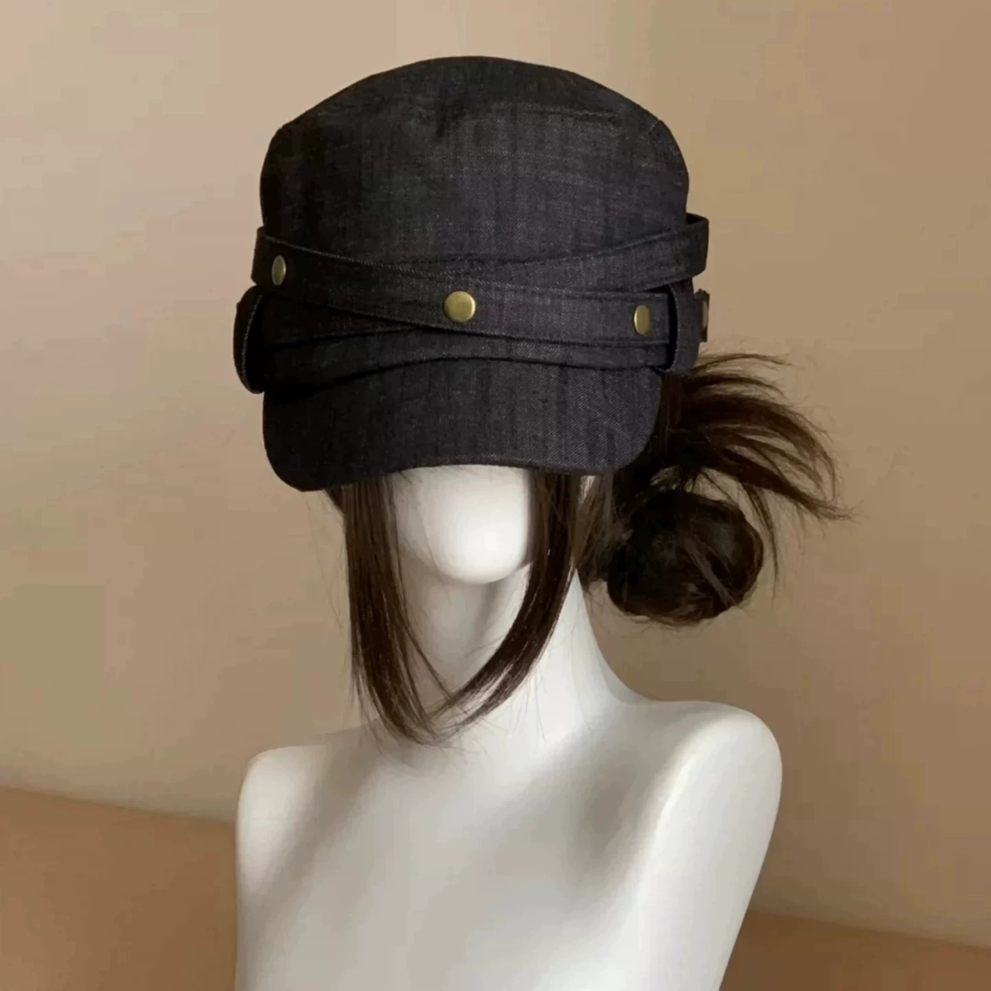 秋季复古牛仔宽檐平顶马术帽女