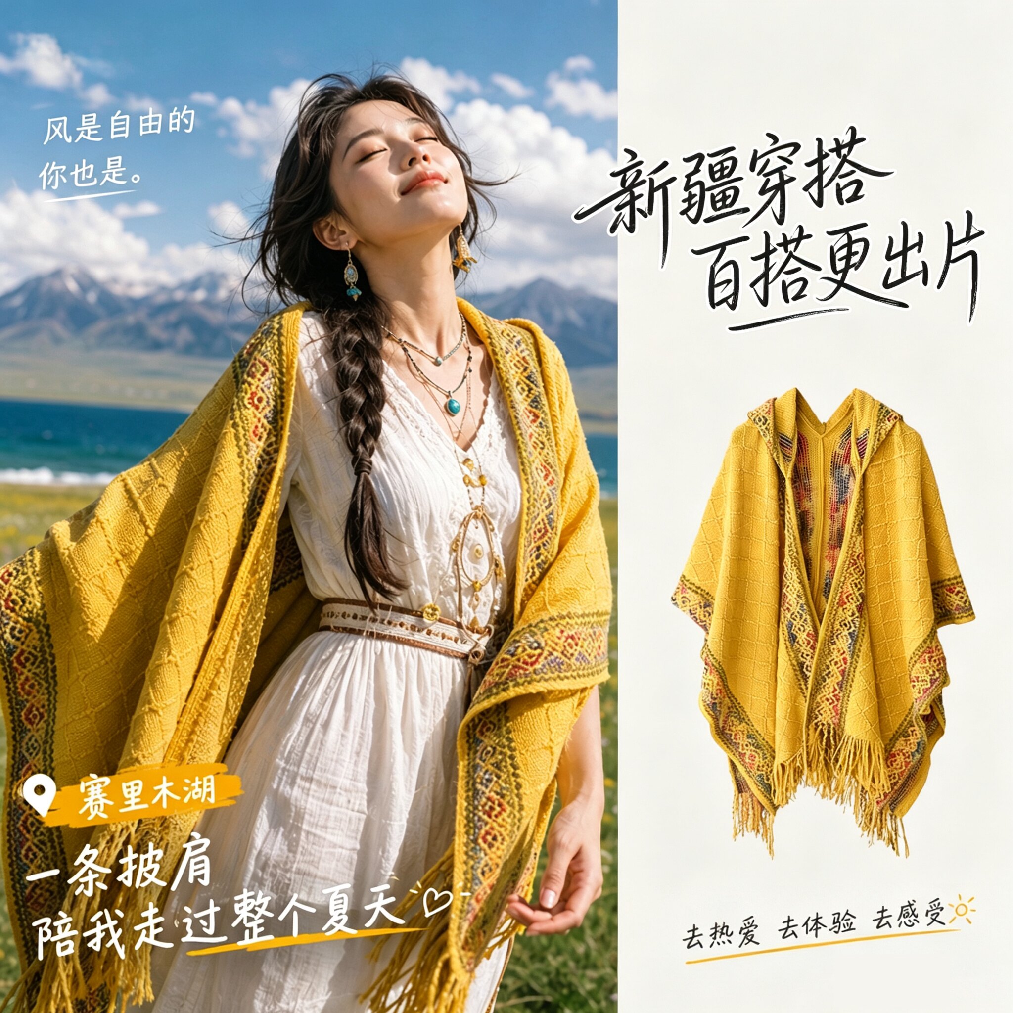 旅行民族风黄色棉麻披肩斗篷女
