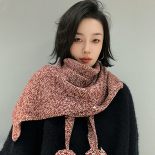 法式复古羊毛混色保暖三角围巾女冬季混色设计感披肩外搭护颈围脖