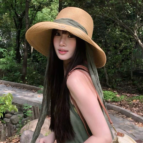 法式赫本风飘带大檐防晒草帽女