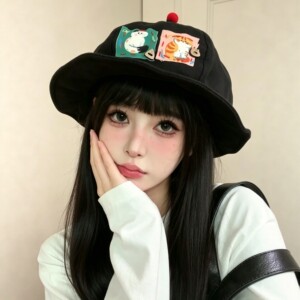 日系可爱复古渔夫帽卡通猫咪贴布帽子女夏季文艺防晒显脸小遮阳帽