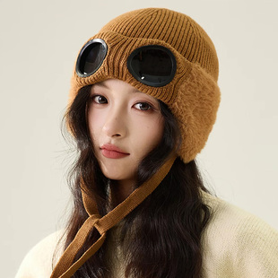 韩版滑雪防风护目镜飞行员帽子女冬季户外加厚护耳骑行保暖毛线帽