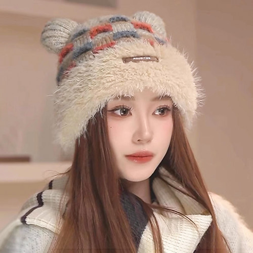 皮标新款毛绒可爱小熊帽加厚护耳