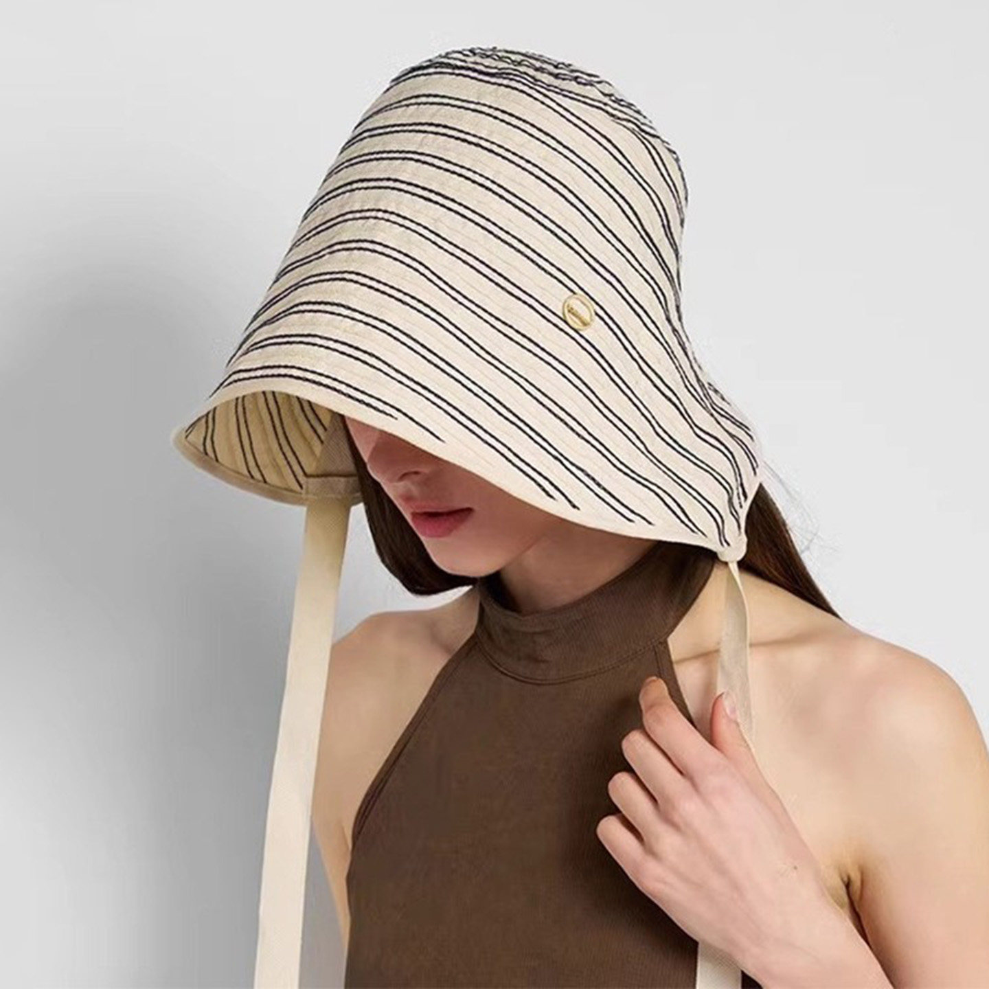 马思纯同款条纹渔夫帽夏季大帽檐防晒遮阳帽子女士户外可折叠盆帽