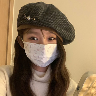 贝雷帽女春秋网红日系珍珠显脸小八角蓓蕾格子画家帽大头围帽子潮