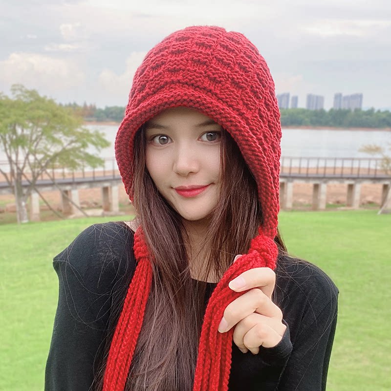 春秋新款毛线帽字女麻花辫流苏套头帽户外保暖防寒护耳可爱包头帽