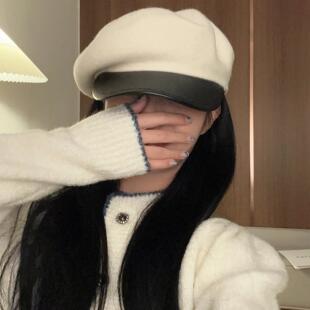 2025年秋冬天毛呢贝雷帽子女百搭网红鸭舌帽复古英伦显脸小八角帽