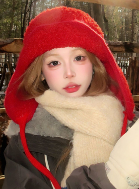 大头围毛绒飞行帽子女冬季防风护耳雷锋帽红色保暖防寒针织毛线帽