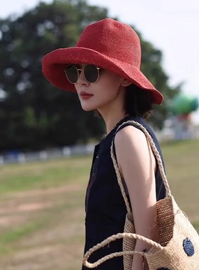 红色草帽女夏季大帽檐透气防晒渔夫帽子可折叠海边度假百搭遮阳帽