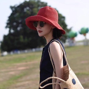 红色草帽女夏季大帽檐透气防晒渔夫帽子可折叠海边度假百搭遮阳帽