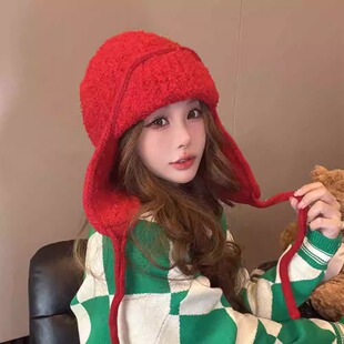 韩版针织毛线帽子女冬季新款保暖护耳飞行帽纯色绑带滑雪雷锋帽潮