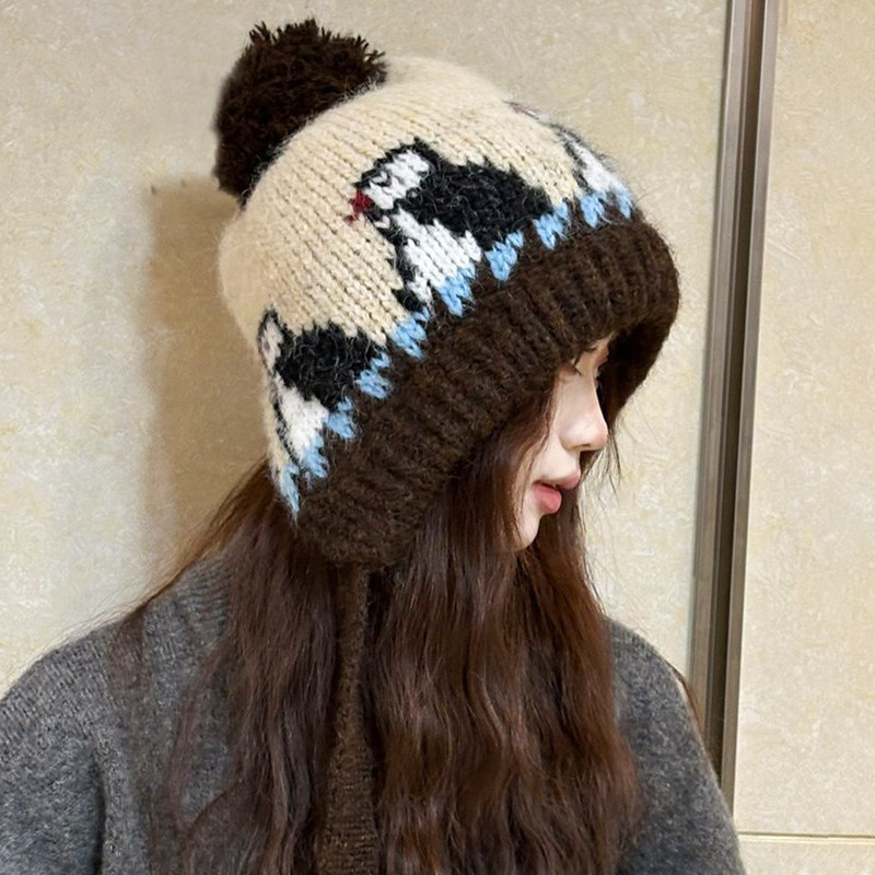 可爱企鹅绑带毛球毛线帽子女秋冬