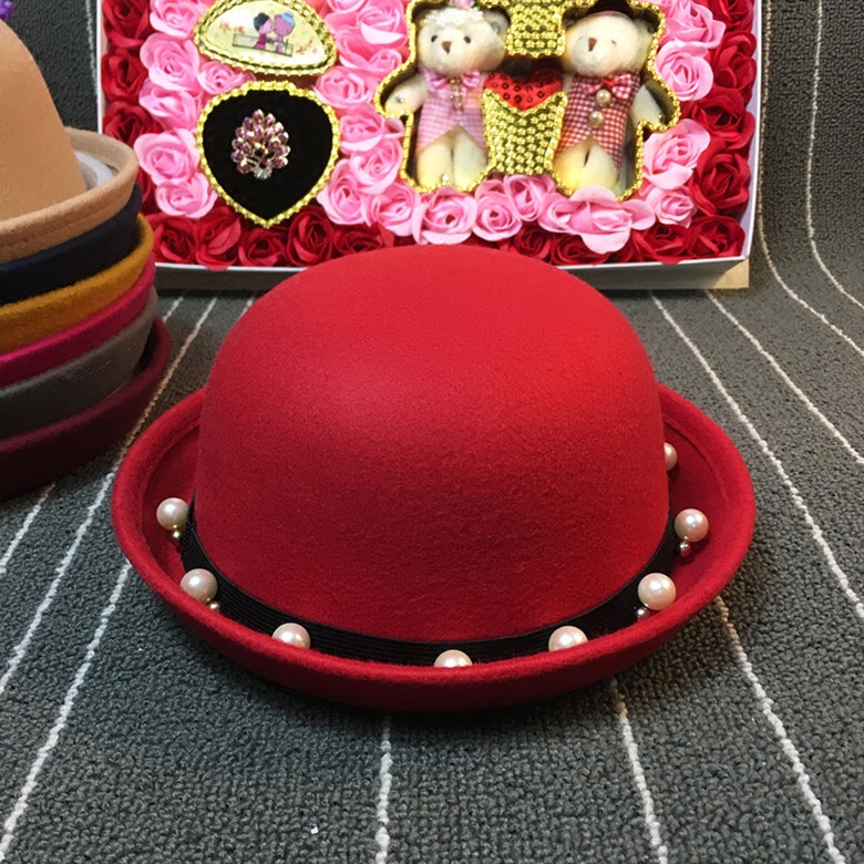 春秋女士百搭卷边小礼帽圆顶珍珠卷边丸子帽亲子防毛呢帽子韩版潮