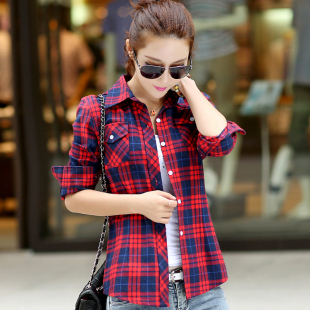春秋新款纯棉长袖女士格子衬衫韩版修身打底衫学生衬衣外套包邮
