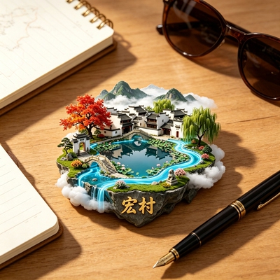 徽州宏村全景浮雕锌合金冰箱贴