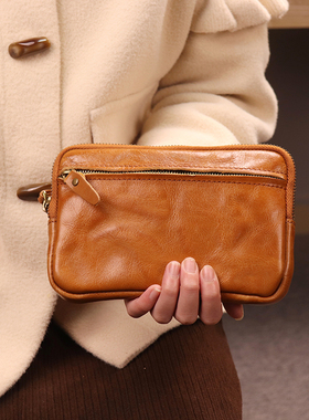 UNIELAINE 复古头层植鞣牛皮手拿包证件收纳包简约大容量真皮钱包