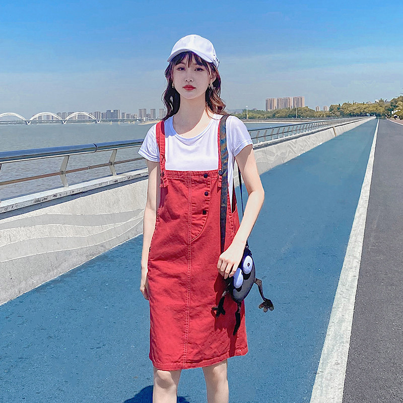 【现货】2021新夏装减龄牛仔背带裙166-QZ17P65酒红，女装连衣裙，茜茜公主