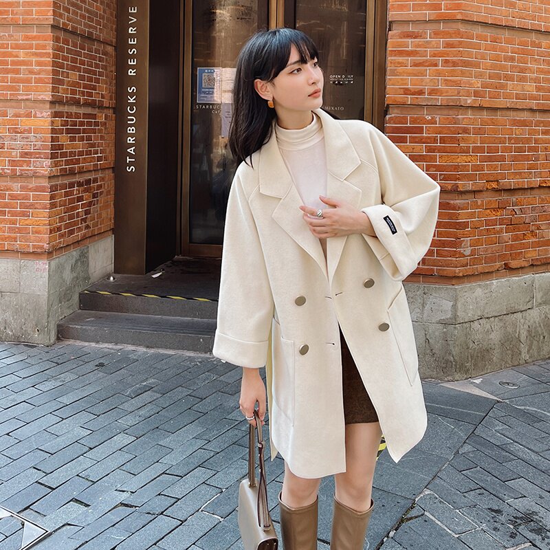 2022冬季新款现货米白双面呢感显瘦腰带外套166-9903P195K328,女装毛呢外套,茜茜公主