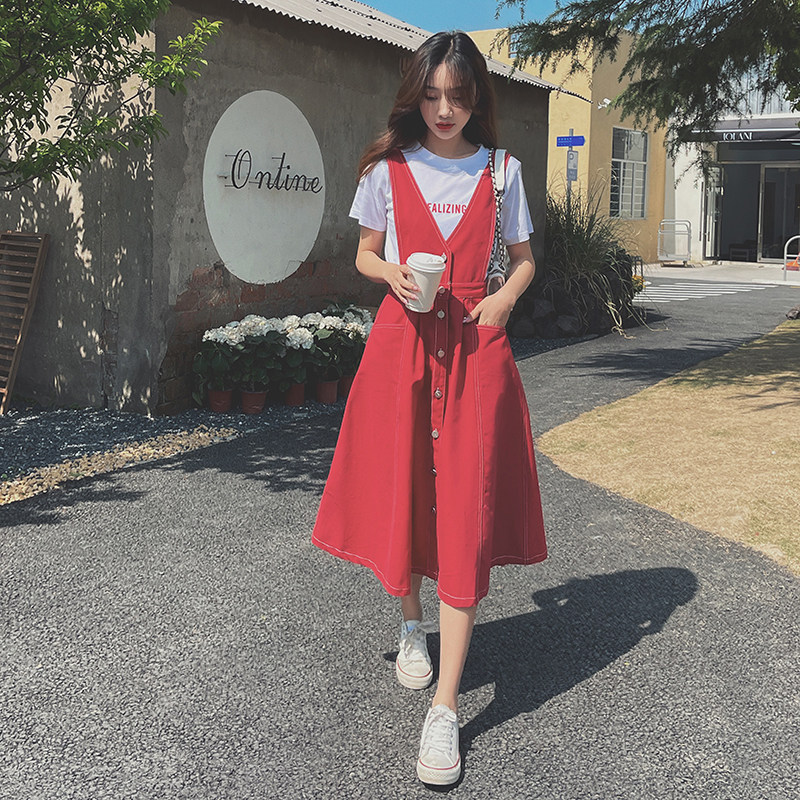 红色背带背心连衣裙女夏季2024新款漂亮收腰显瘦法式明线a字裙子图片