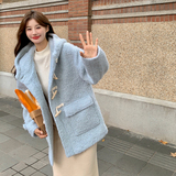 2025冬季新款现货蓝色羊羔毛外套牛角扣呢子外套166-6618P195K298，女装短外套，茜茜公主