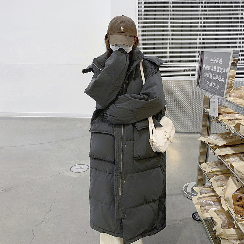 灰色长款工装羽绒服女冬2025新款韩系炸街高级感加厚白鸭绒外套潮,女装羽绒服,茜茜公主