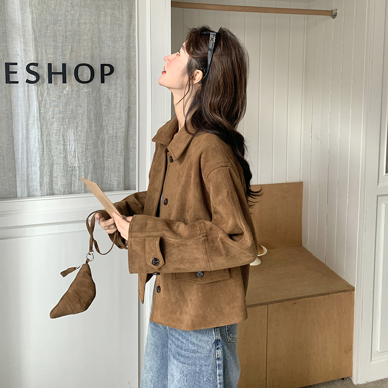 美拉德咖色短款麂皮外套女春秋2025年新款高级感又酷又飒减龄夹克，女装短外套，茜茜公主