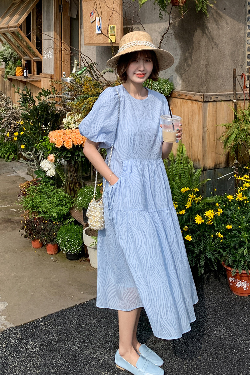 森系绿色泡泡袖连衣裙女夏季小众设计2025新款小清新甜美宽松长裙,女装连衣裙,茜茜公主