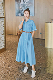 牛仔连衣裙女夏季2024新款法式收腰显瘦设计感气质a字衬衫长裙子，女装连衣裙，茜茜公主