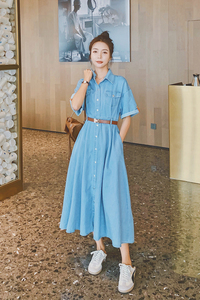 牛仔连衣裙女夏季2024新款法式收腰显瘦设计感气质a字衬衫长裙子