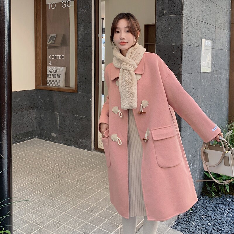 韩系粉色牛角扣双面羊绒大衣女中长款2024秋冬新款高级感羊毛外套,女装毛呢外套,茜茜公主