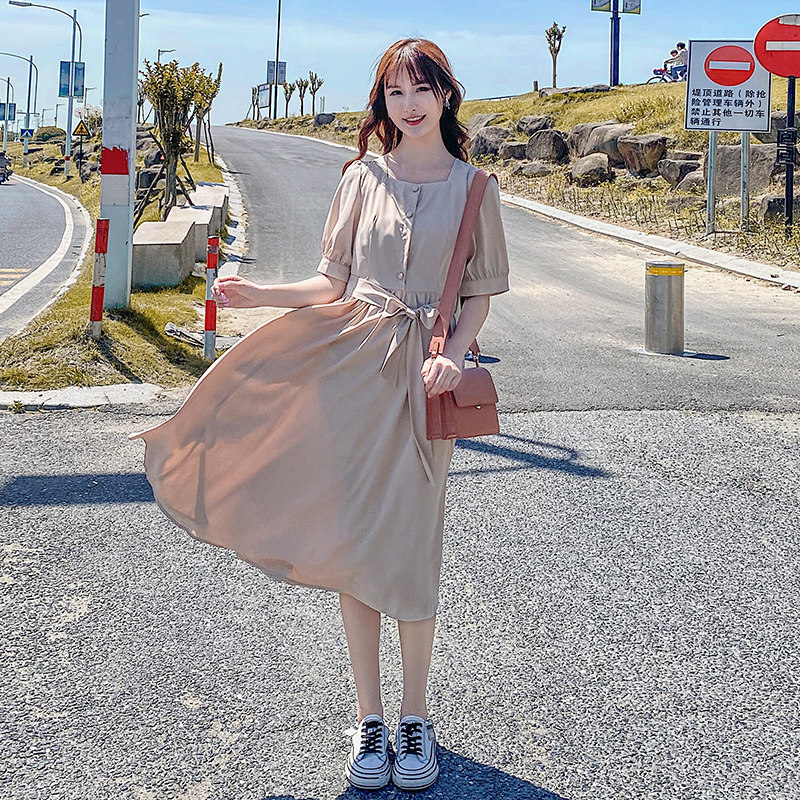 【现货】2021夏装新款韩版连衣裙166-1010P70米色,女装连衣裙,茜茜公主