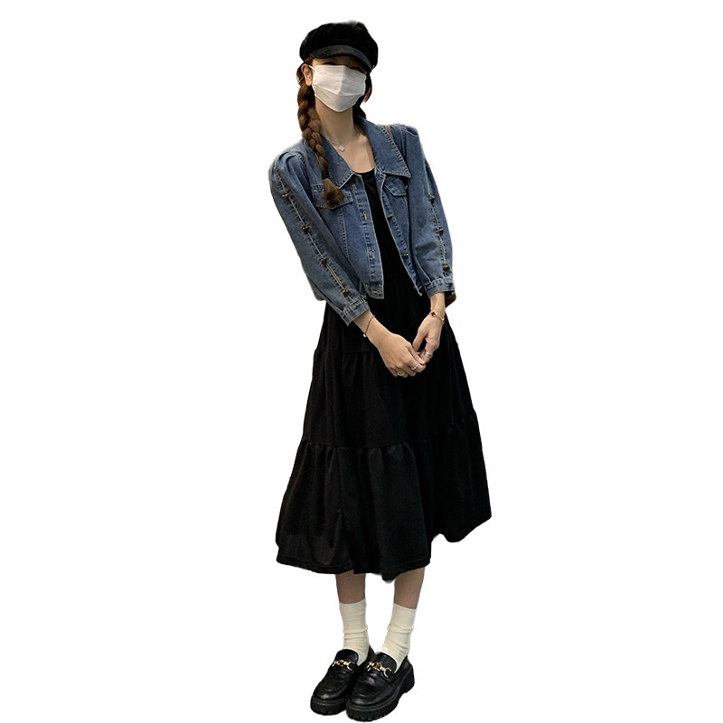 现货2024秋季新款黑色牛仔外套连衣裙两件套166-7730P155K218,女装连衣裙,茜茜公主