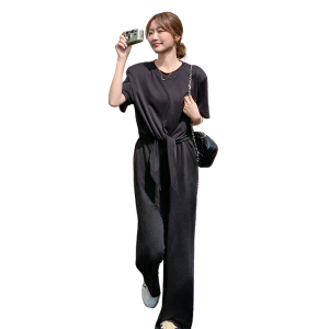 休闲运动黑色T恤阔腿裤套装女夏2025新款减龄气质ootd穿搭两件套图片