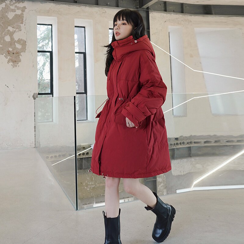 2022冬季现货韩版收腰中长款羽绒服166-8638P260K418酒红,女装羽绒服,茜茜公主